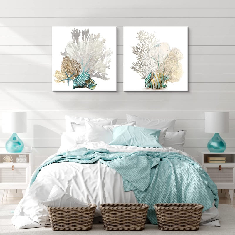 JAPO ART White Coral Wall Art Beach Bathroom Decor Sea Shell Pictures Coastal Wall Decor Sea Fan Nautical Painting Coral Pictures for Livingroom Bedroom Home Walls 16x16 x2pcs - Image 5